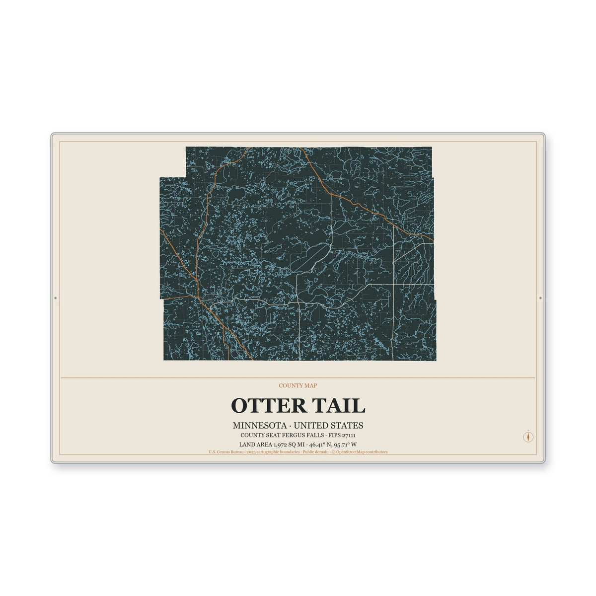 Otter Tail County, Minnesota Map Aluminum Sign in Headline Atlas style