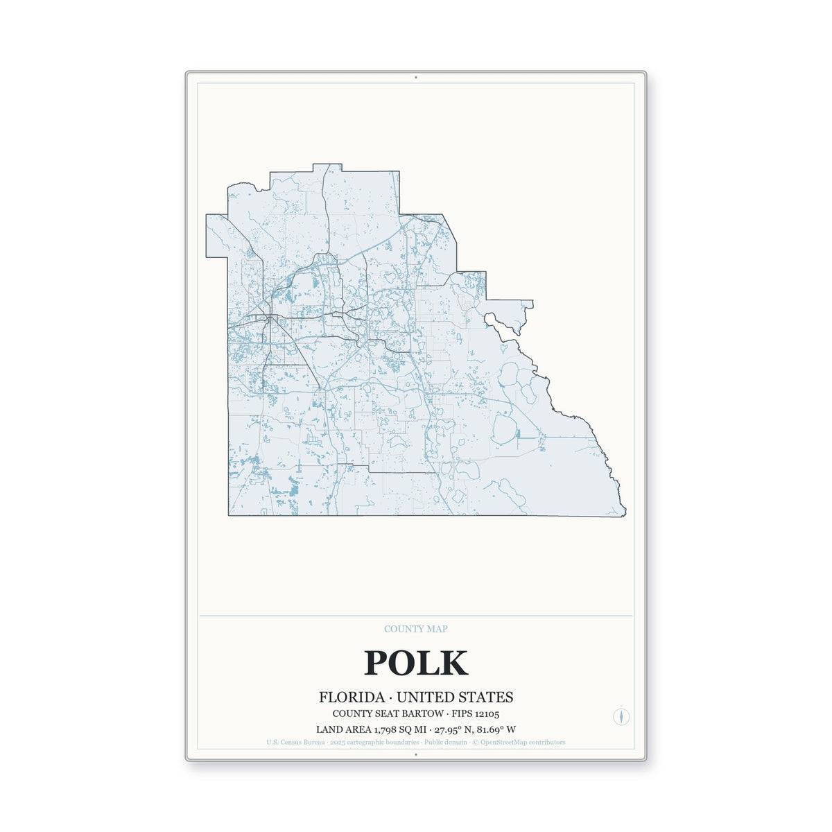 Polk County, Florida Map Aluminum Sign in Gallery Air style