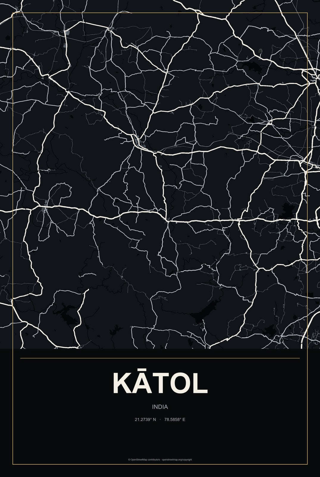 Kātol, India City Map Aluminum Sign in Metropolitan Noir style