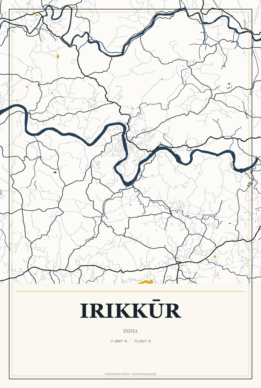 Irikkūr, India City Map Aluminum Sign in Citrine Modern style