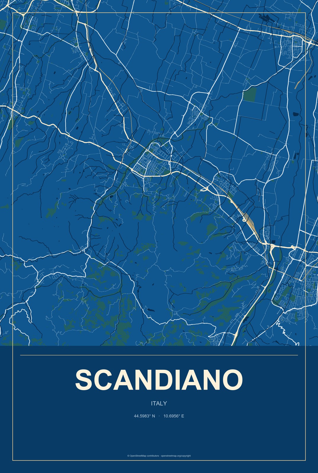 Scandiano, Italy City Map Aluminum Sign in Harbor Cobalt style