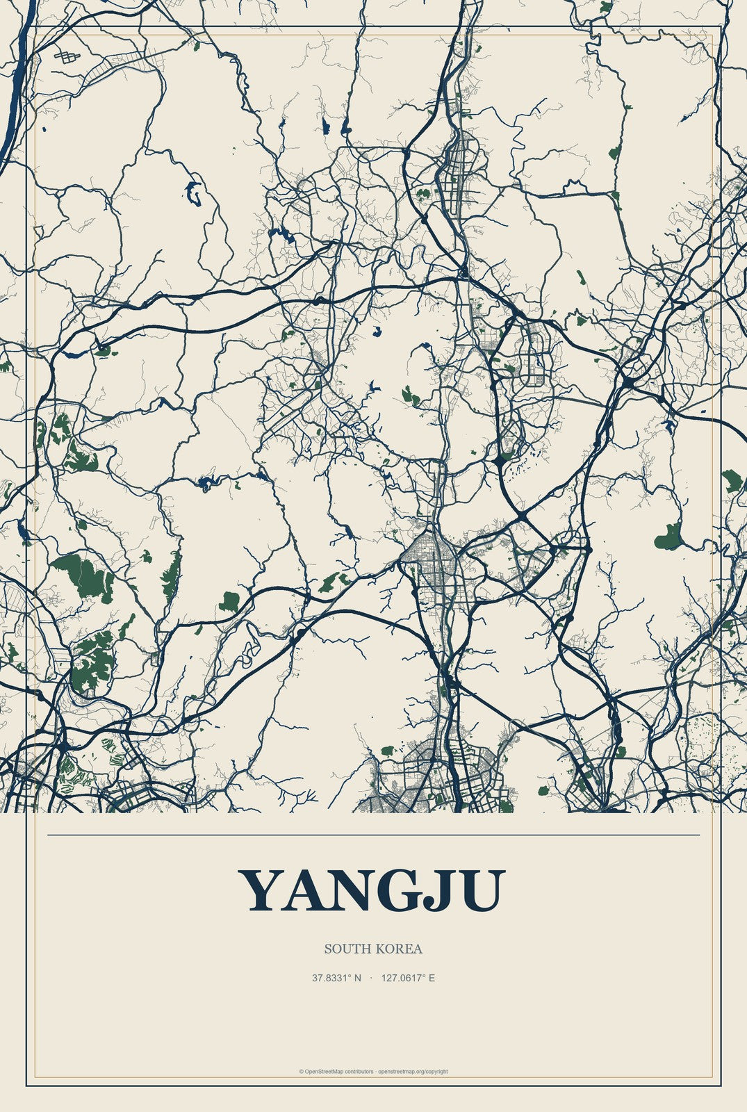 Yangju, South Korea City Map Aluminum Sign in Coastal Cutout style