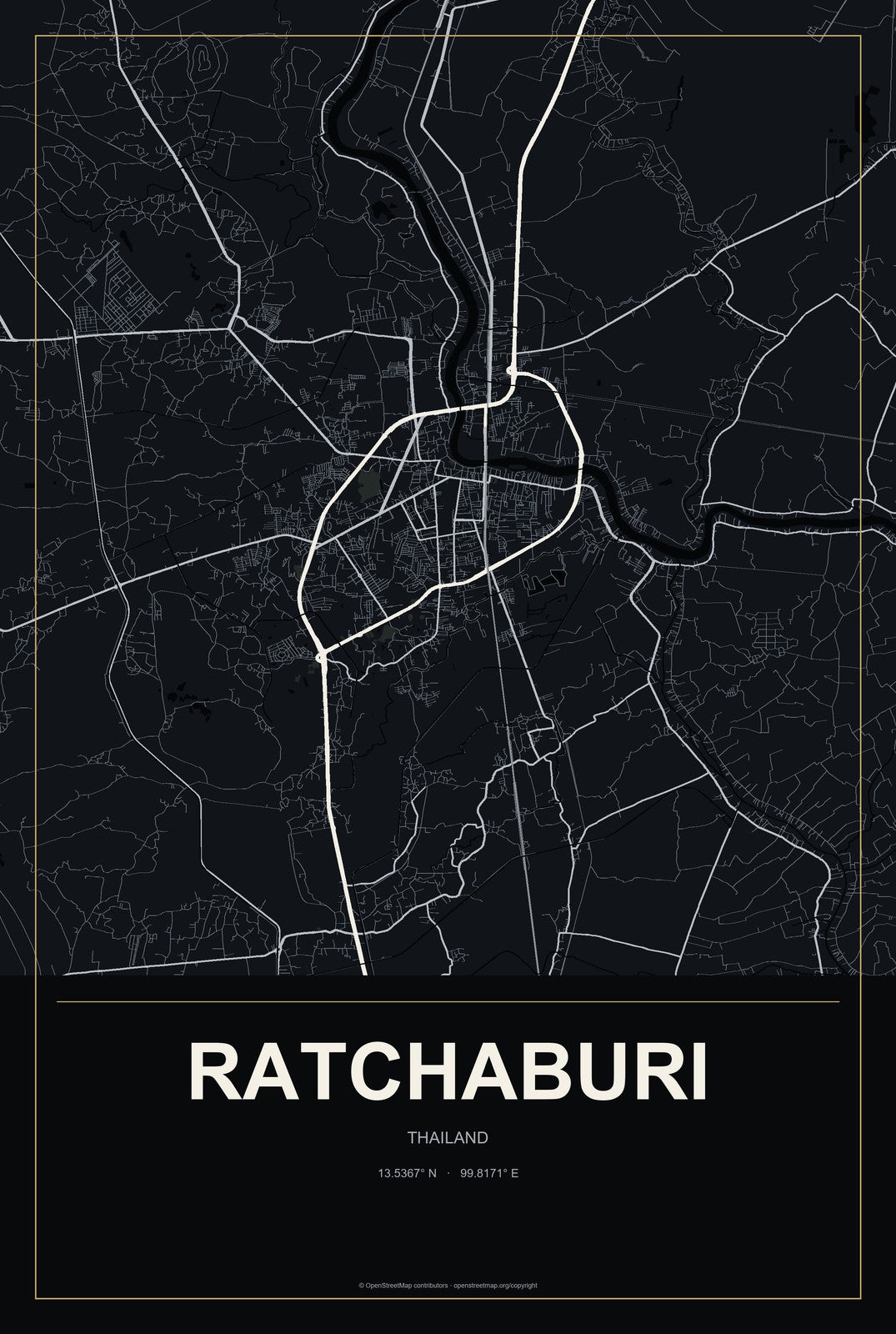 Ratchaburi, Thailand City Map Aluminum Sign in Metropolitan Noir style