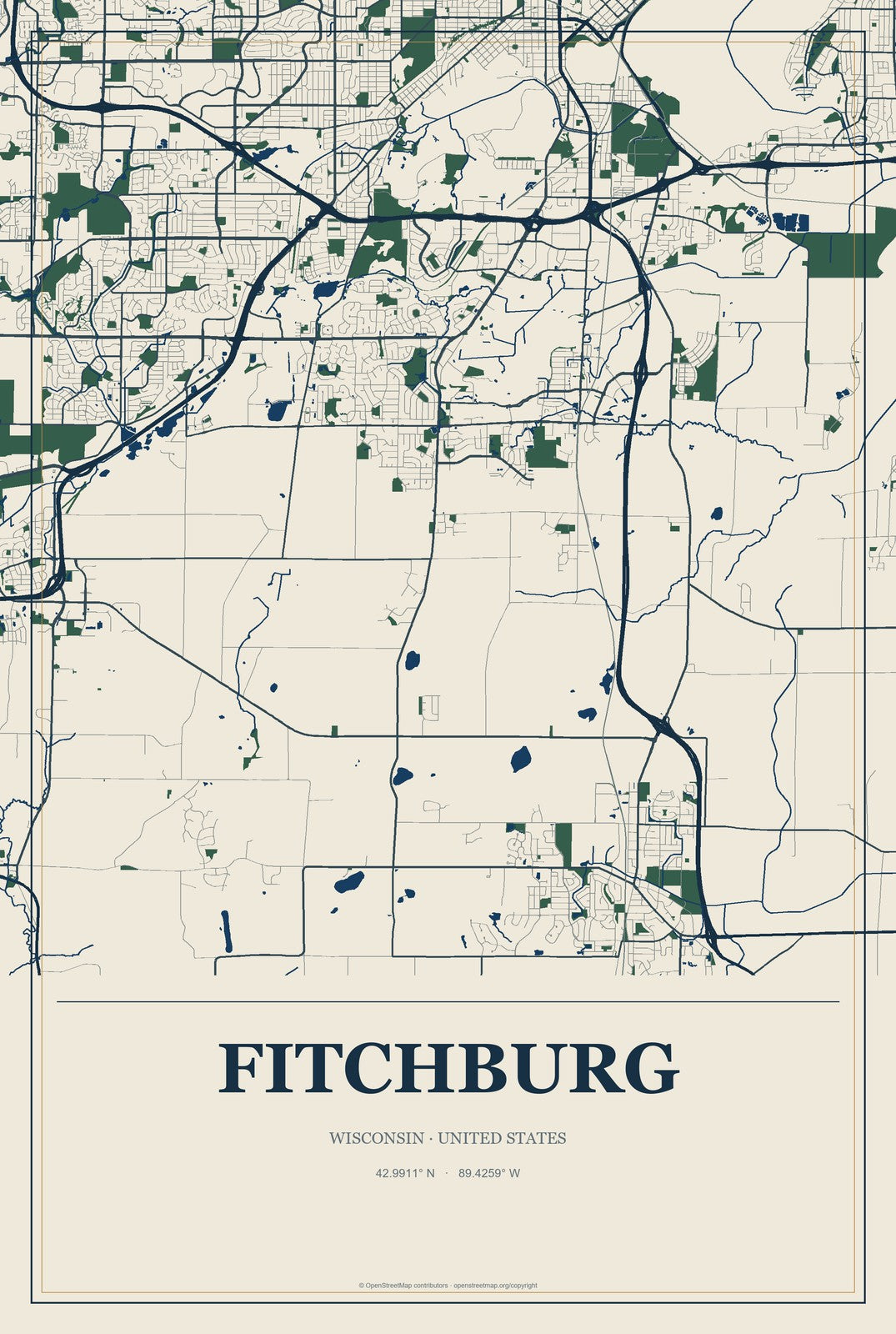 Fitchburg, Wisconsin City Map Aluminum Sign in Coastal Cutout style