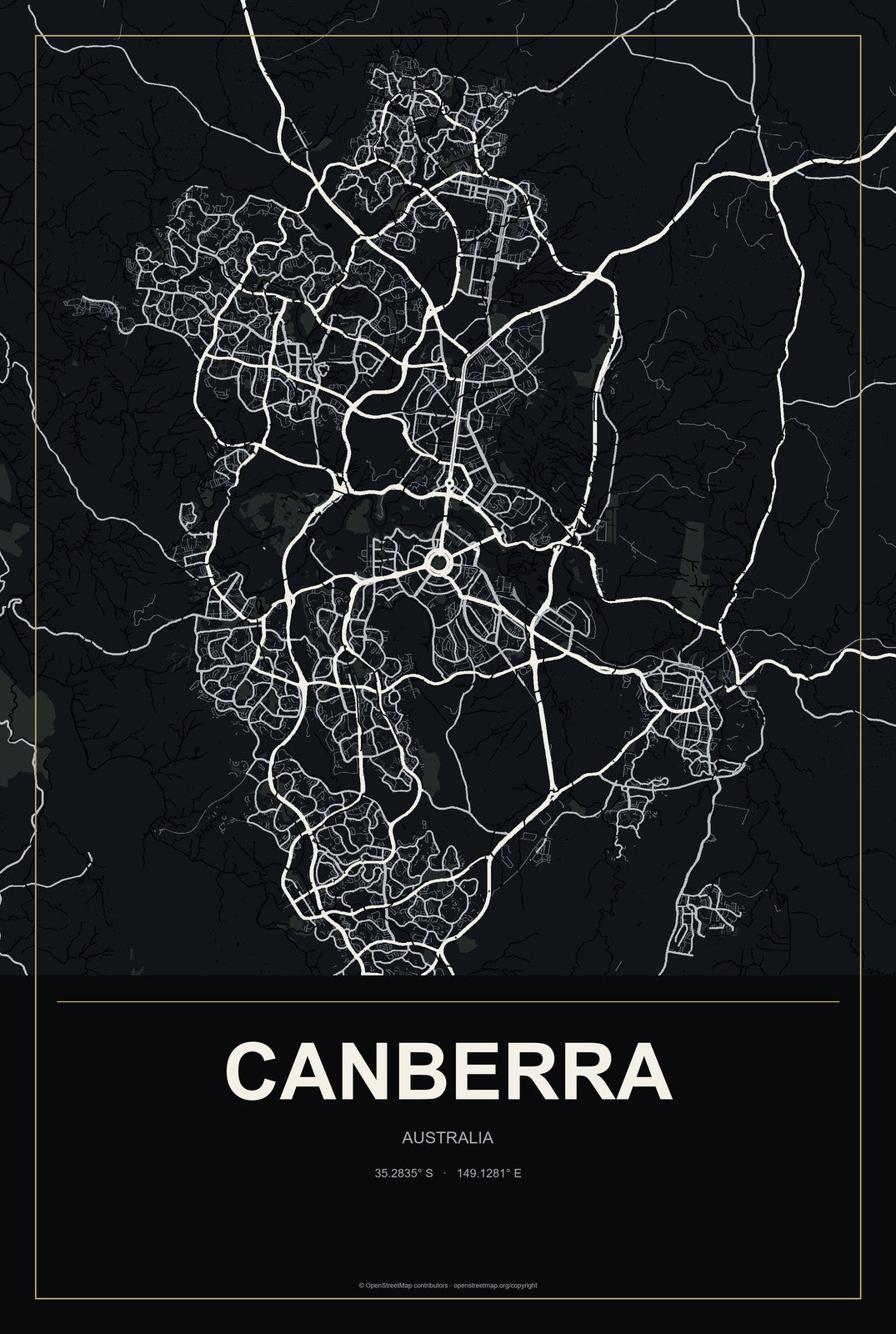 Canberra, Australia City Map Aluminum Sign in Metropolitan Noir style