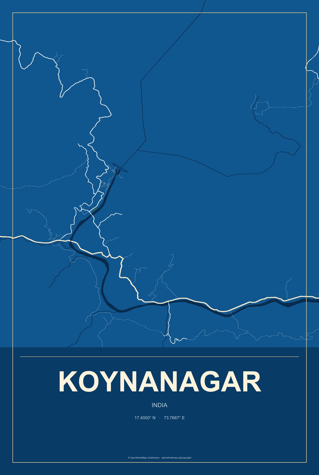 Koynanagar, India City Map Aluminum Sign in Harbor Cobalt style