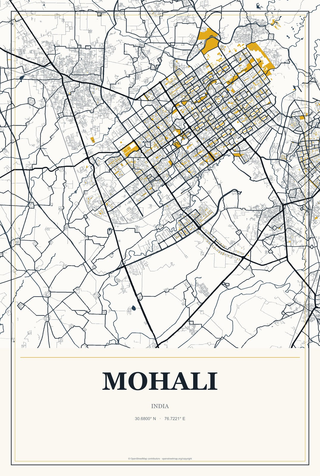 Mohali, India City Map Aluminum Sign in Citrine Modern style