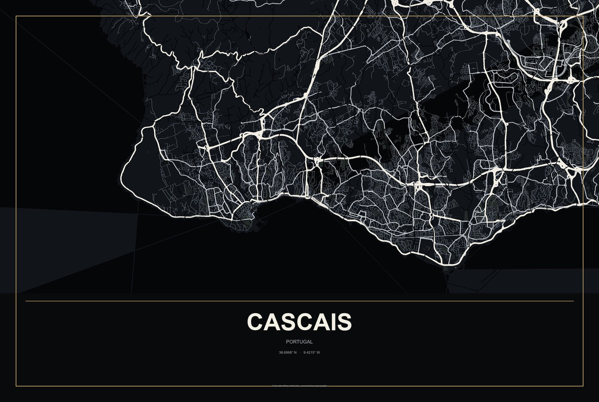 Cascais, Portugal City Map Aluminum Sign in Metropolitan Noir style