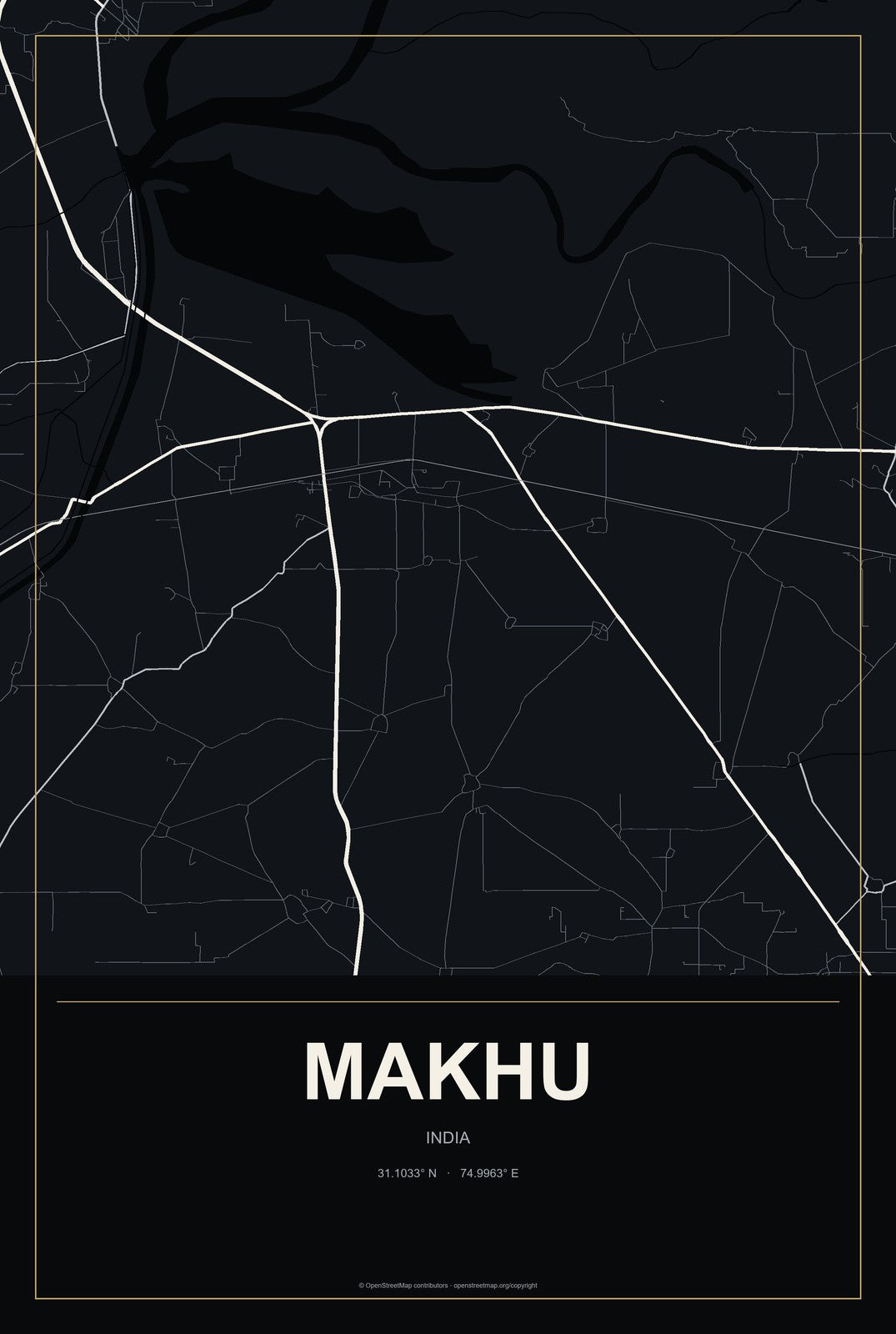 Makhu, India City Map Aluminum Sign in Metropolitan Noir style