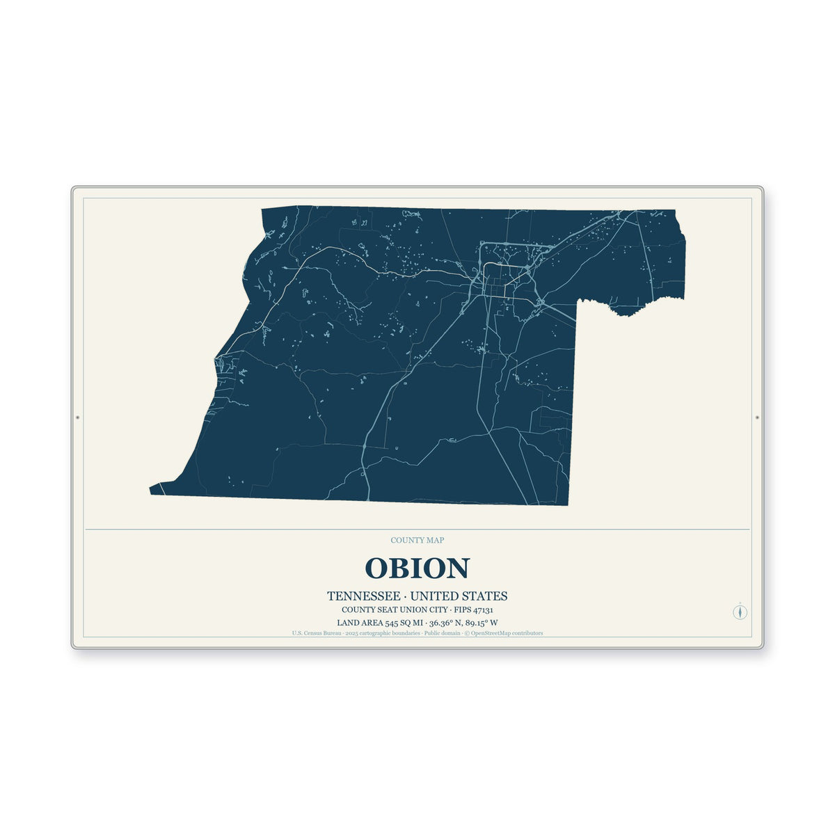 Obion County, Tennessee Map Aluminum Sign in Coastal Cutout style