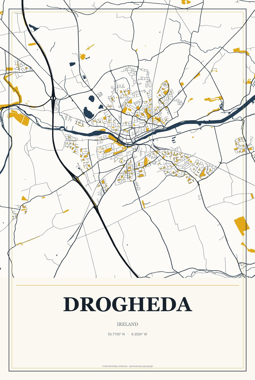 Drogheda, Ireland City Map Aluminum Sign in Citrine Modern style