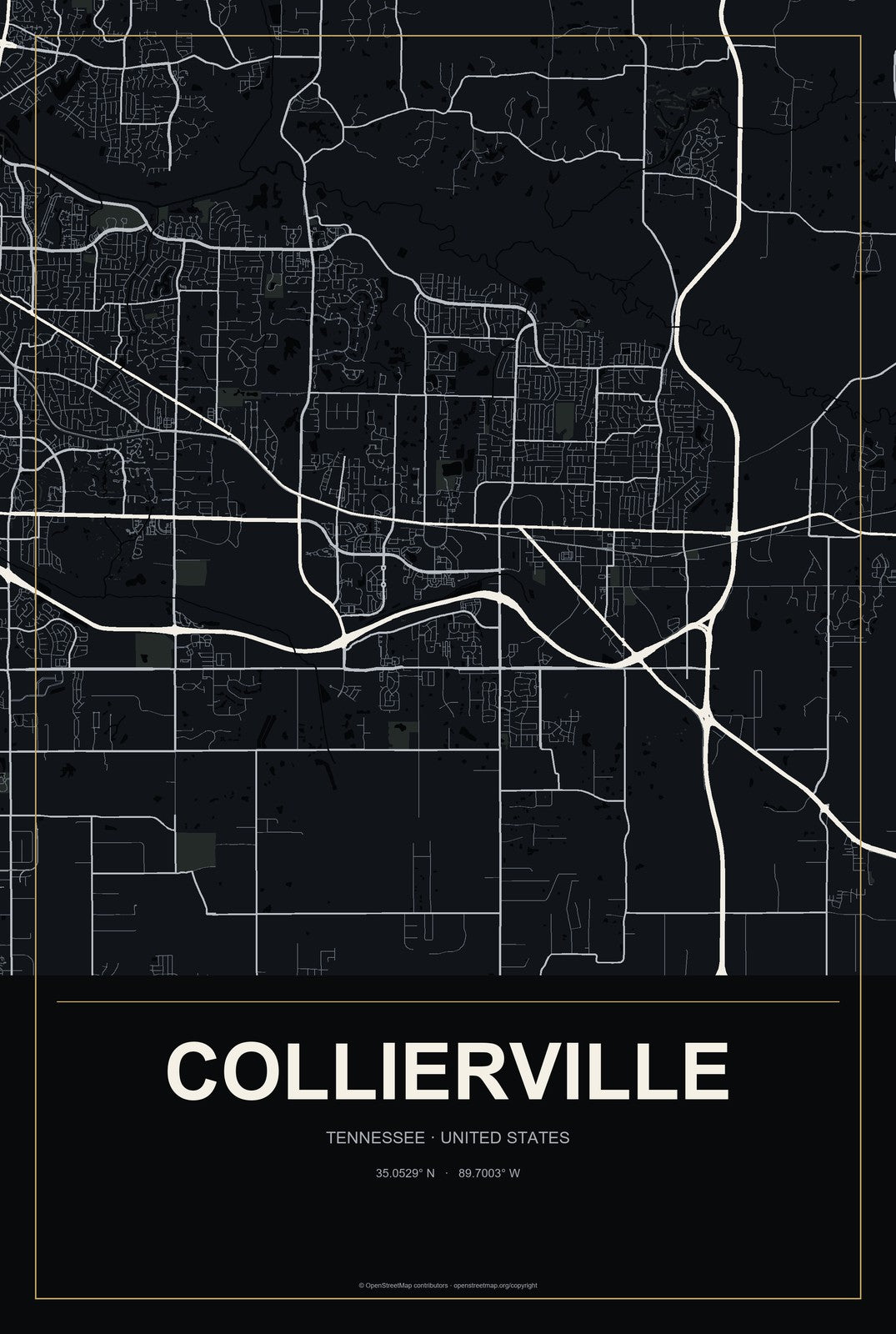 Collierville, Tennessee City Map Aluminum Sign in Metropolitan Noir style