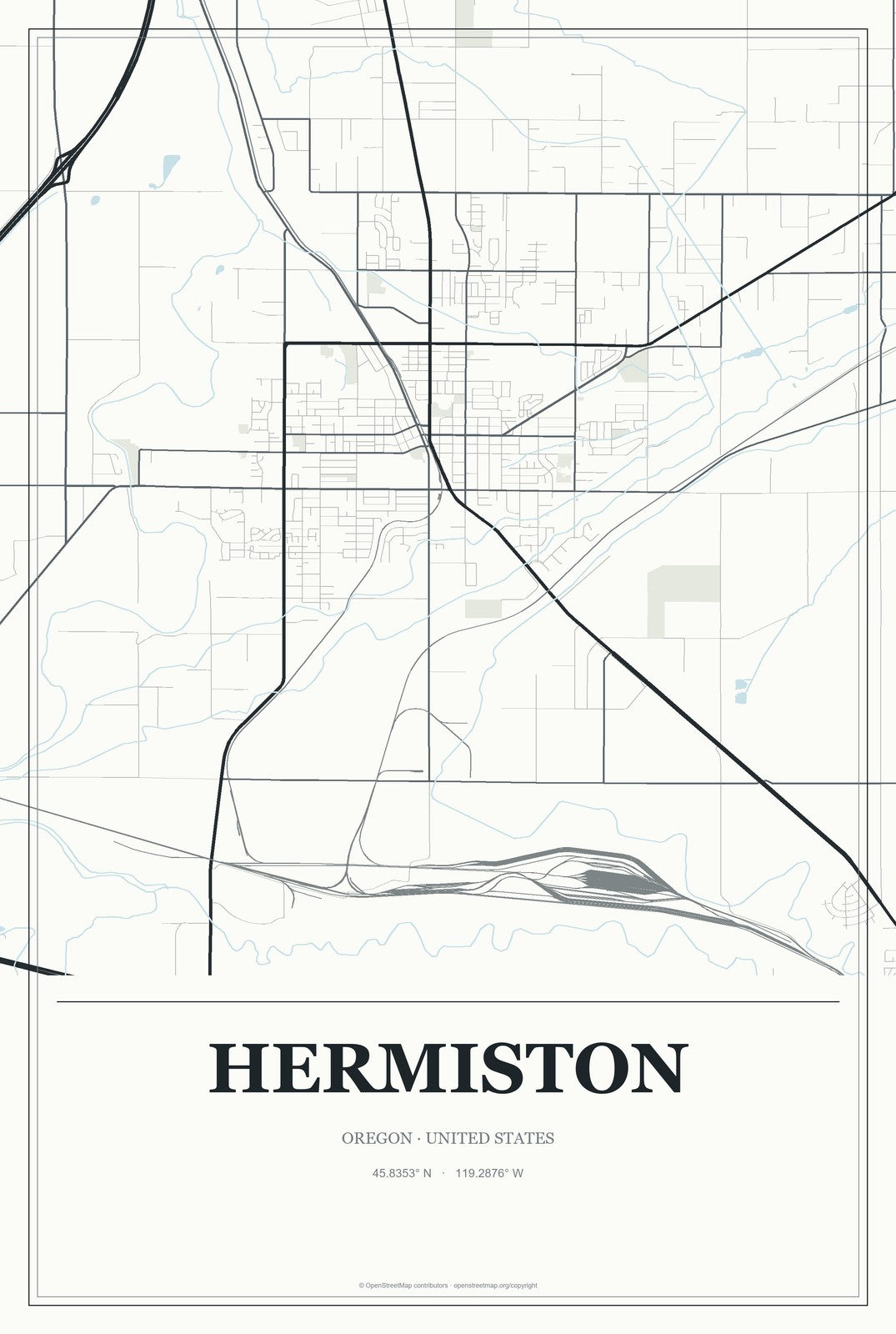 Hermiston, Oregon City Map Aluminum Sign in Gallery Air style