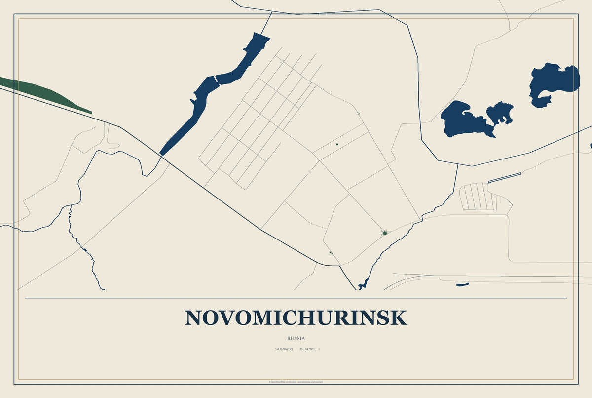 Novomichurinsk, Russia City Map Aluminum Sign in Coastal Cutout style