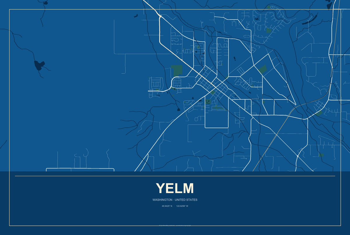 Yelm, Washington City Map Aluminum Sign in Harbor Cobalt style