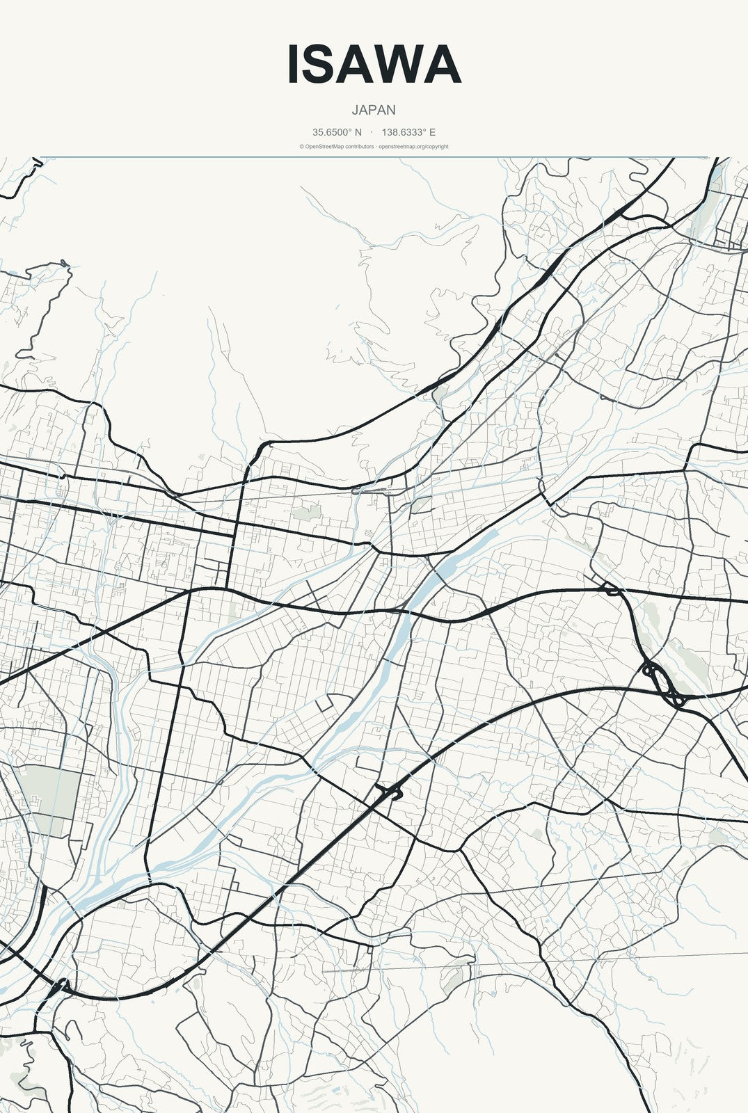 Isawa, Japan City Map Aluminum Sign in Headline Atlas style