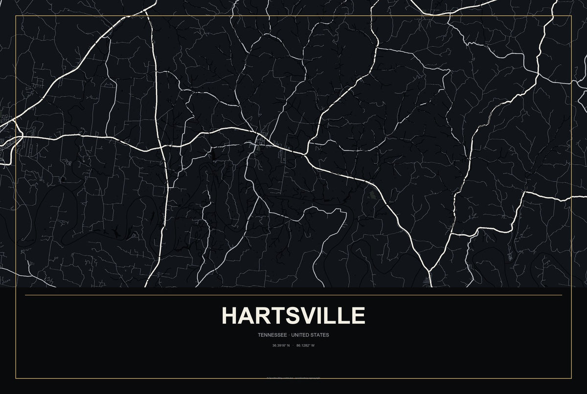 Hartsville, Tennessee City Map Aluminum Sign in Metropolitan Noir style