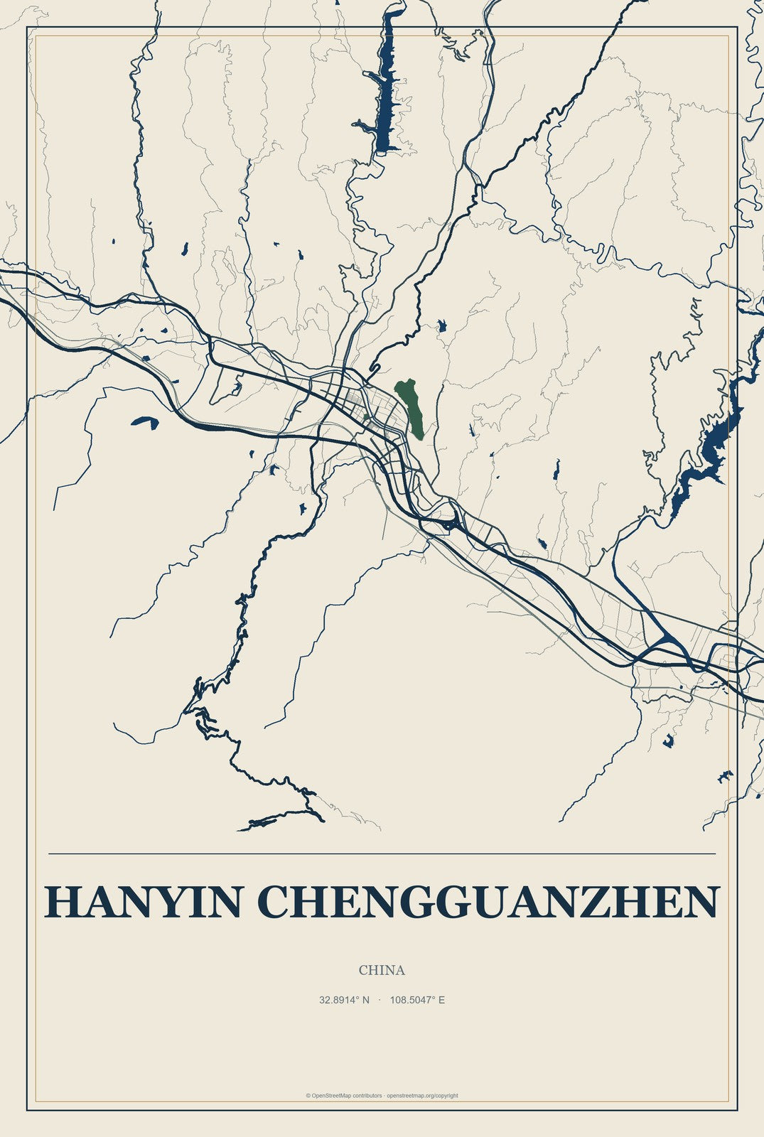 Hanyin Chengguanzhen, China City Map Aluminum Sign in Coastal Cutout style