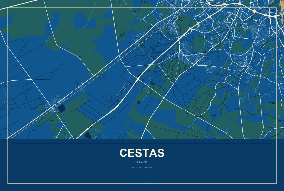 Cestas, France City Map Aluminum Sign in Harbor Cobalt style