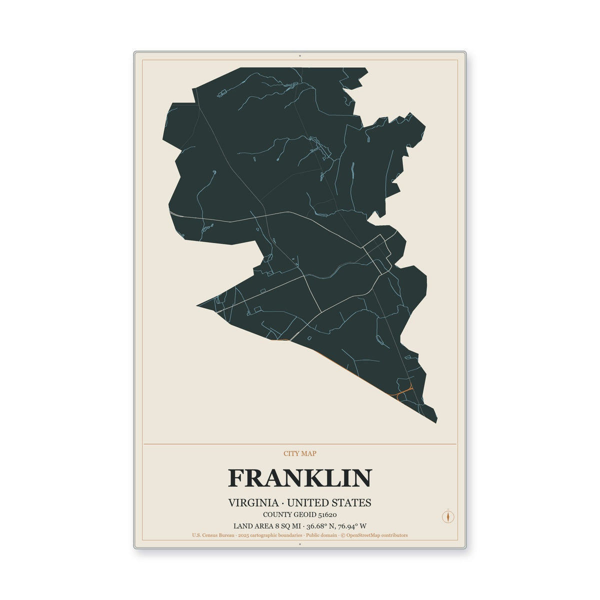 Franklin city, Virginia Map Aluminum Sign in Headline Atlas style