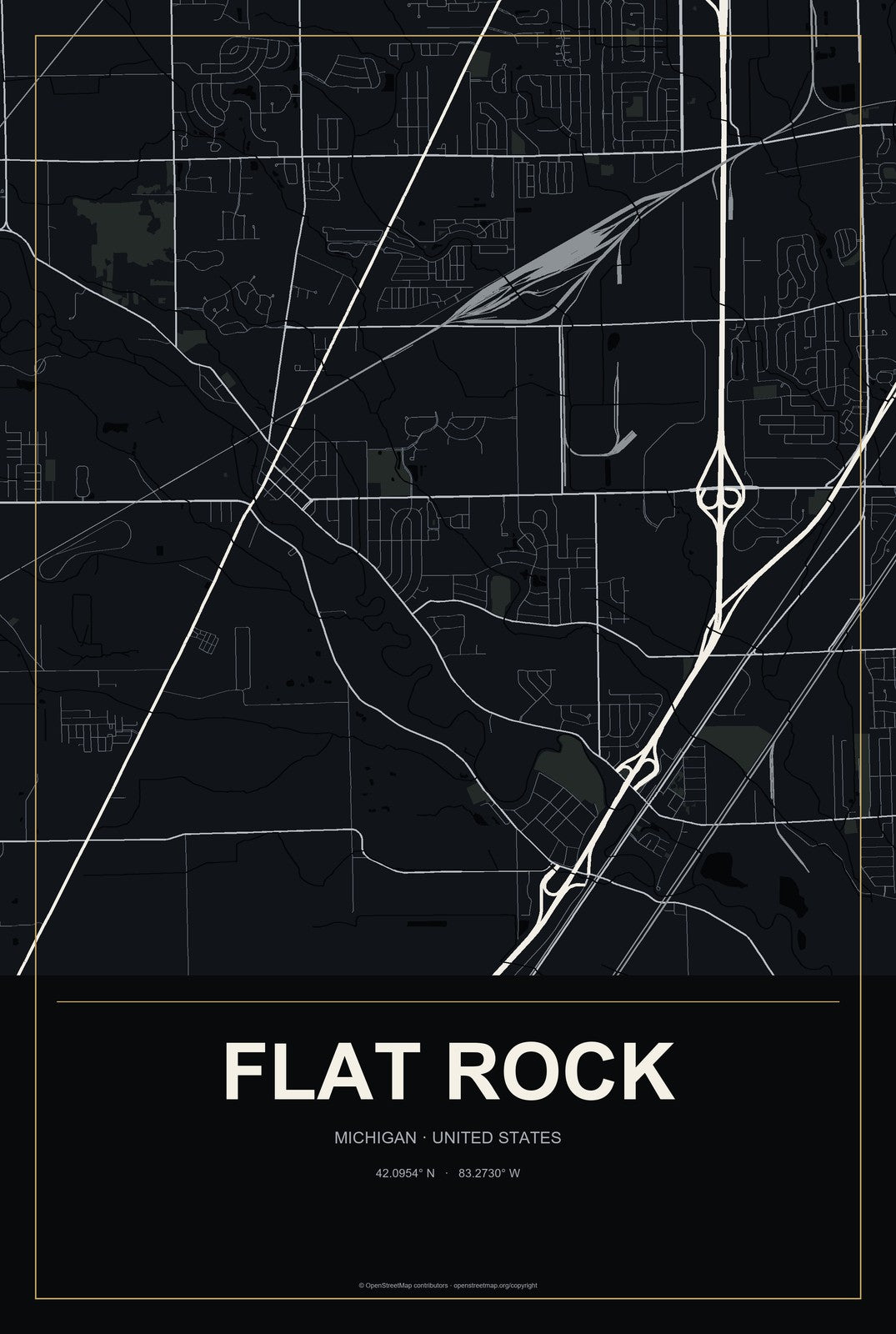 Flat Rock, Michigan City Map Aluminum Sign in Metropolitan Noir style