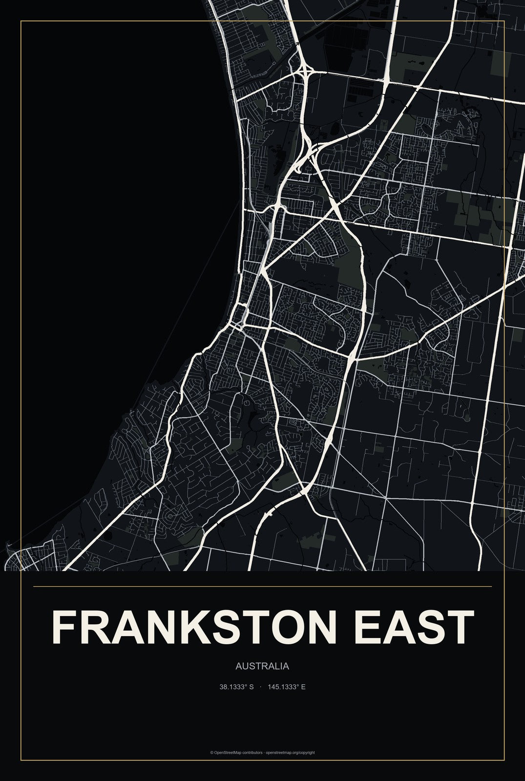 Frankston East, Australia City Map Aluminum Sign in Metropolitan Noir style