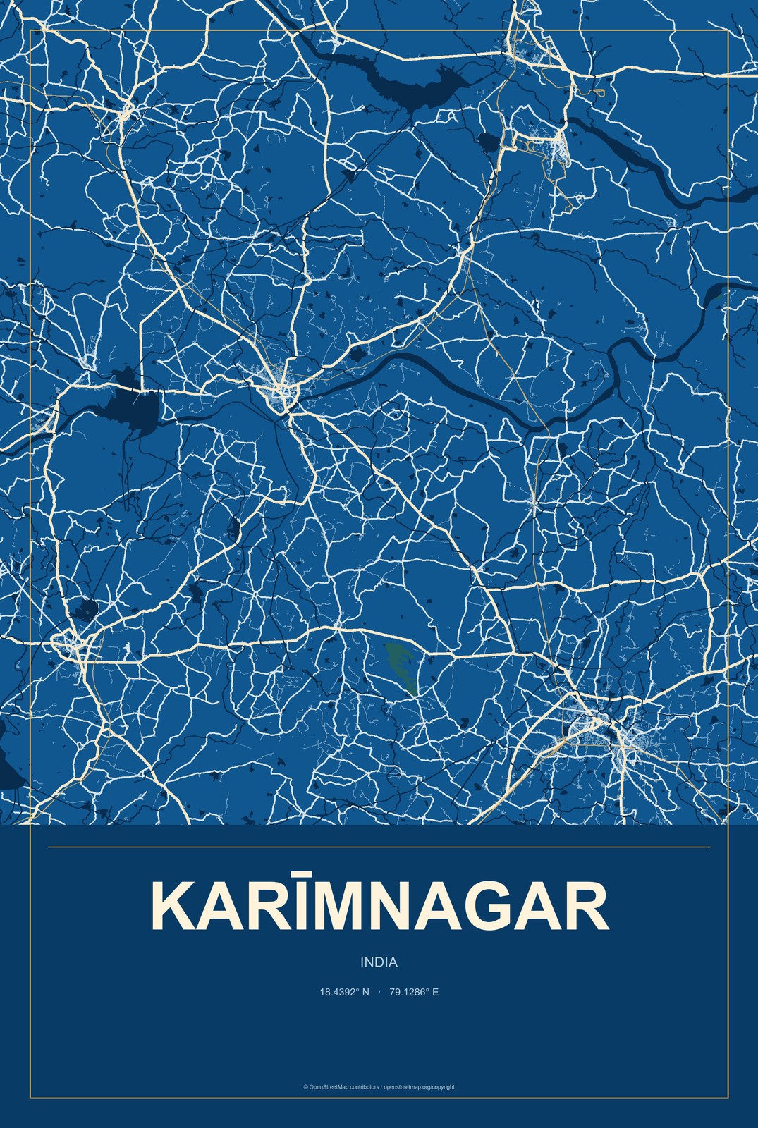 Karīmnagar, India City Map Aluminum Sign in Harbor Cobalt style