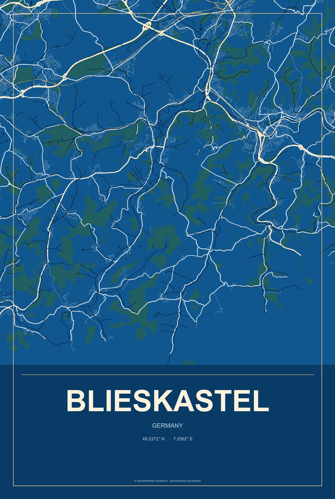 Blieskastel, Germany City Map Aluminum Sign in Harbor Cobalt style