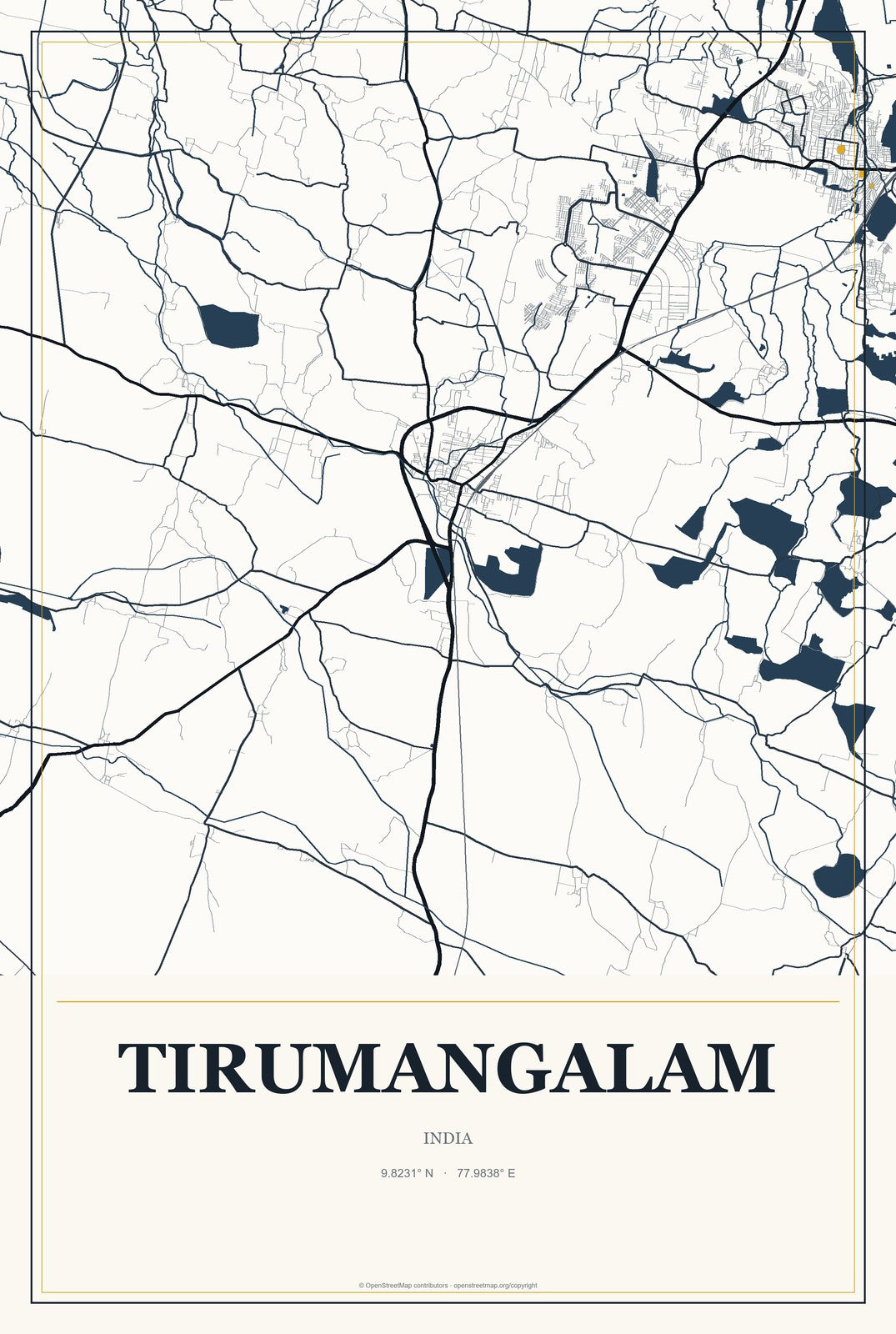 Tirumangalam, India City Map Aluminum Sign in Citrine Modern style