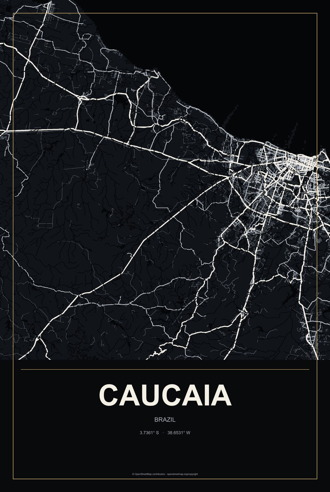 Caucaia, Brazil City Map Aluminum Sign in Metropolitan Noir style