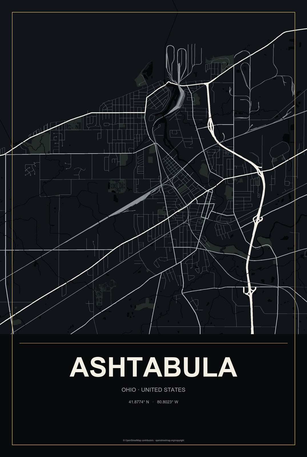 Ashtabula, Ohio City Map Aluminum Sign in Metropolitan Noir style