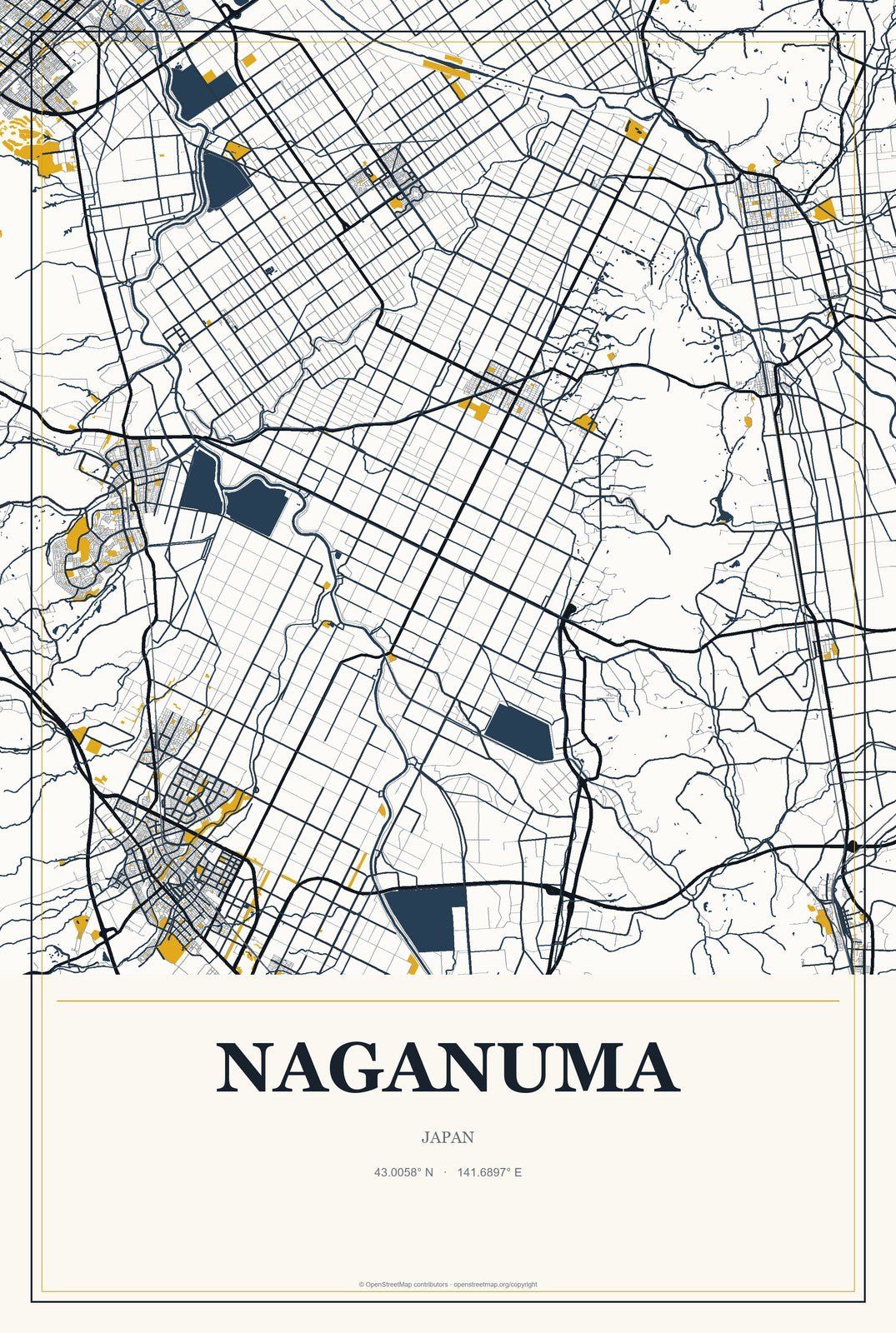 Naganuma, Japan City Map Aluminum Sign in Citrine Modern style
