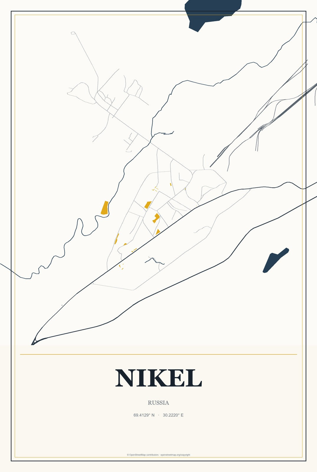 Nikel, Russia City Map Aluminum Sign in Citrine Modern style