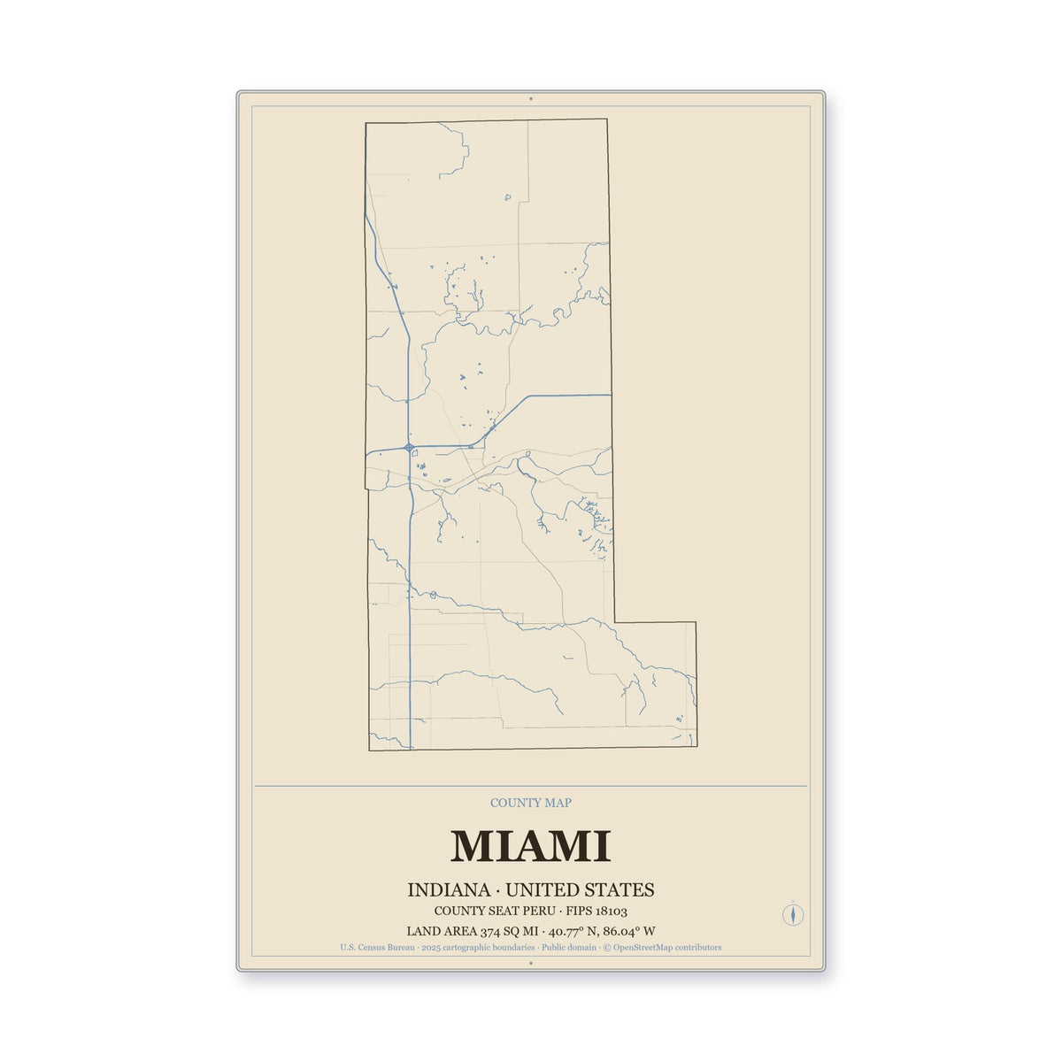 Miami County, Indiana Map Aluminum Sign in Heritage Nautical style