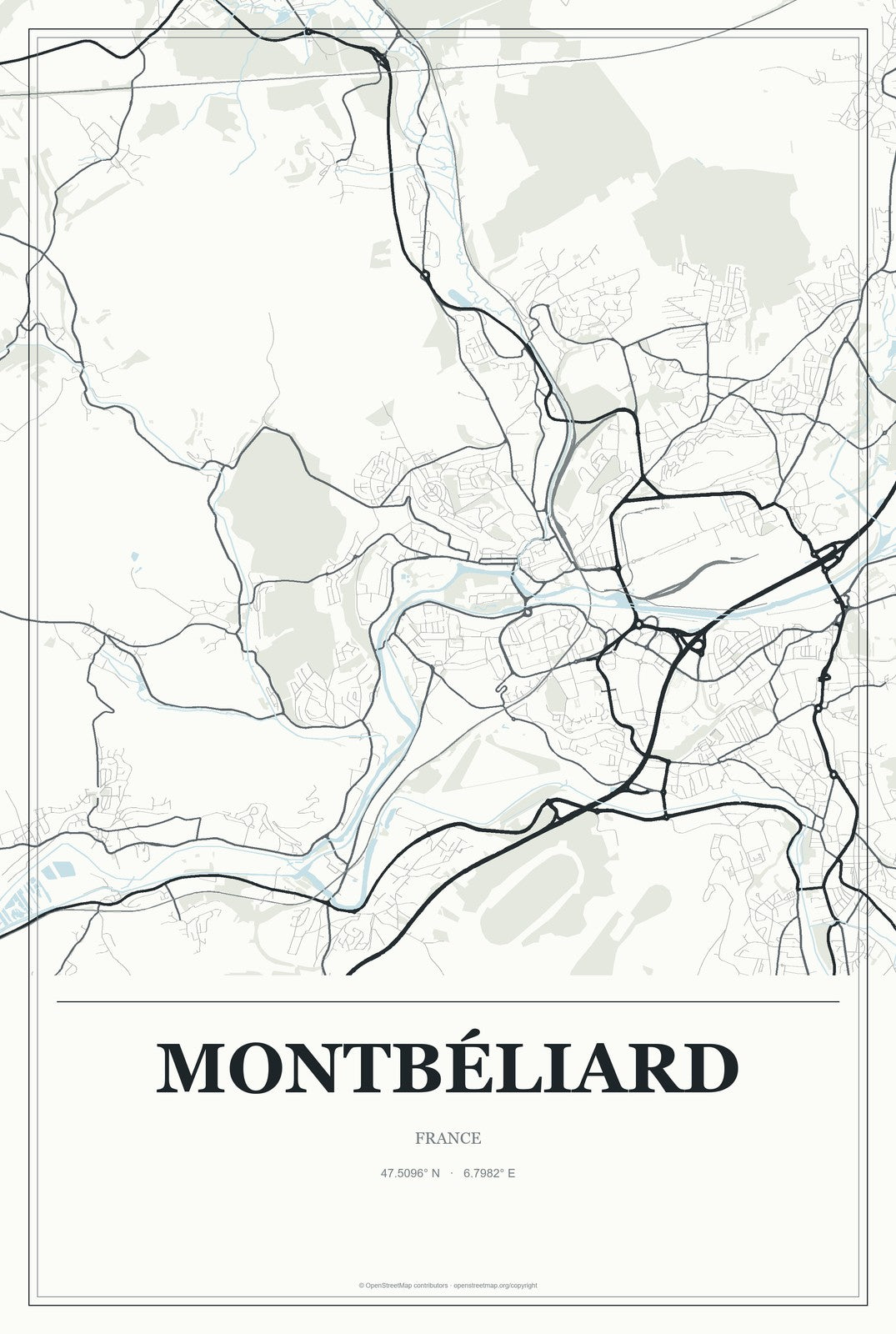 Montbéliard, France City Map Aluminum Sign in Gallery Air style