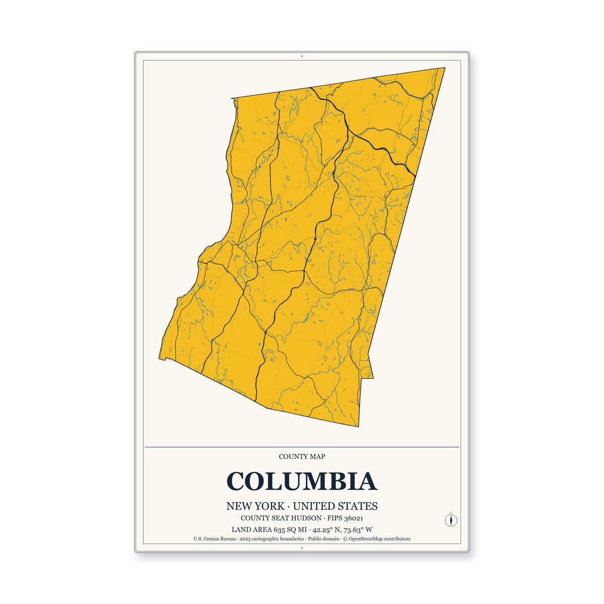 Columbia County, New York Map Aluminum Sign in Citrine Modern style