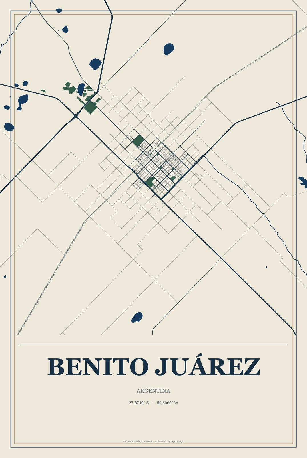 Benito Juárez, Argentina City Map Aluminum Sign in Coastal Cutout style