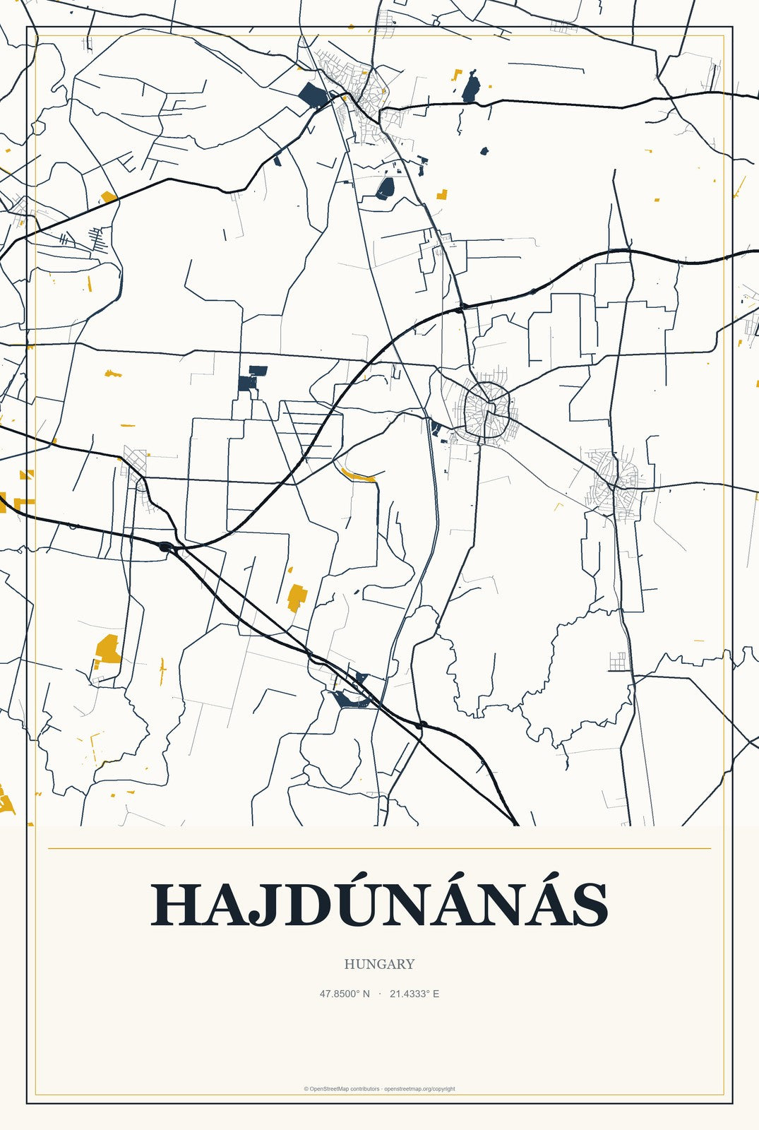 Hajdúnánás, Hungary City Map Aluminum Sign in Citrine Modern style