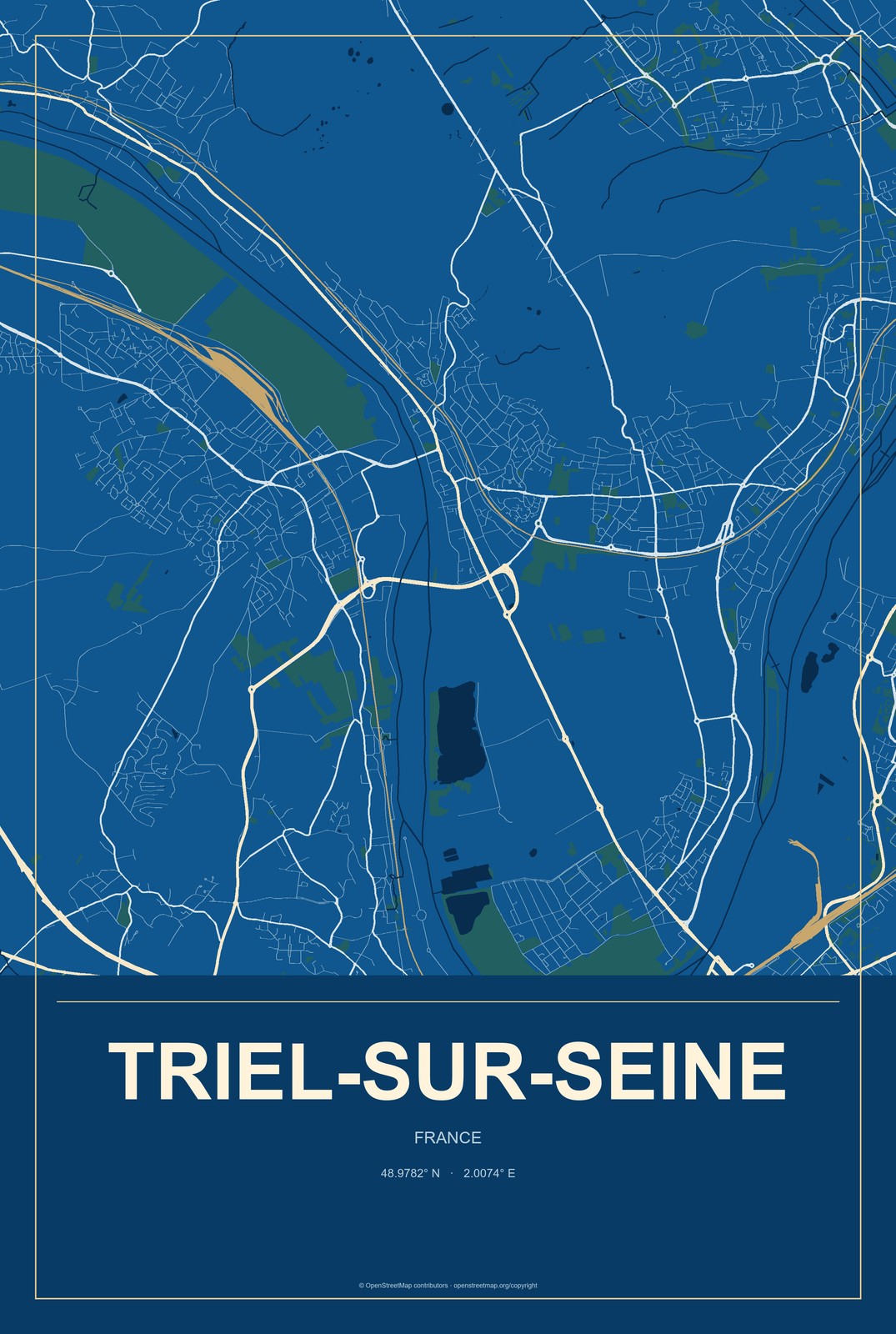 Triel-sur-Seine, France City Map Aluminum Sign in Harbor Cobalt style