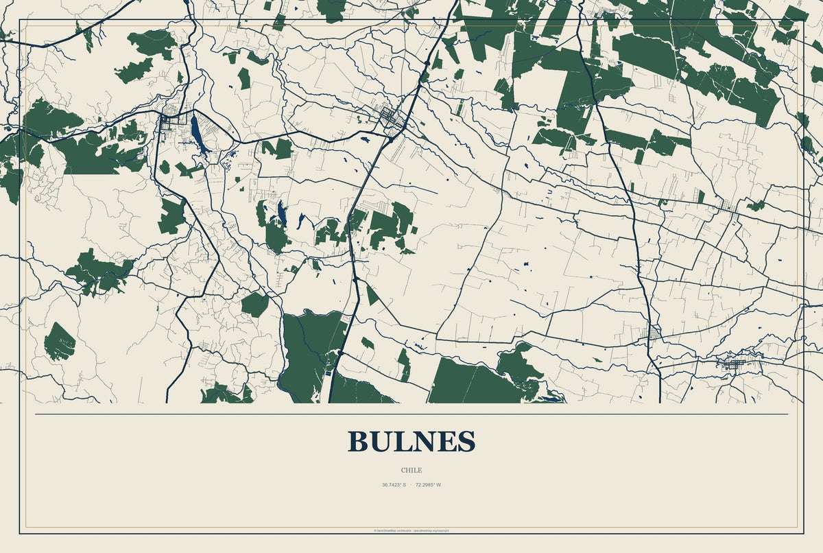 Bulnes, Chile City Map Aluminum Sign in Coastal Cutout style