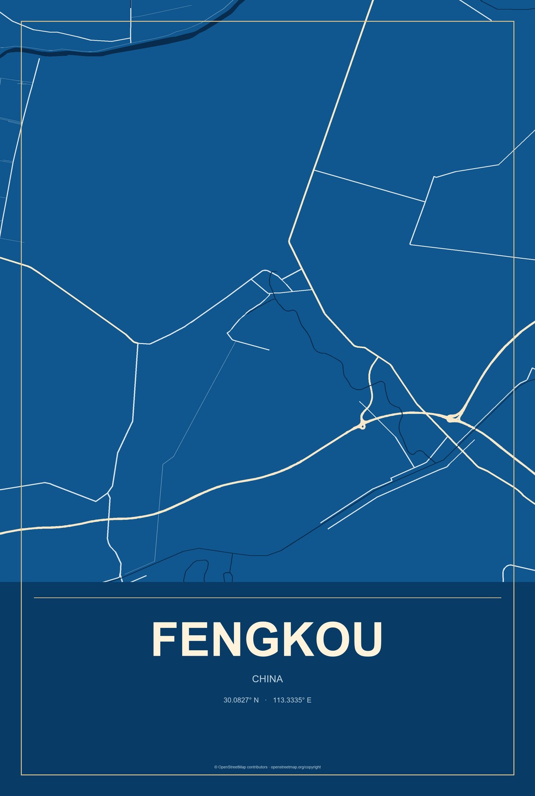 Fengkou, China City Map Aluminum Sign in Harbor Cobalt style