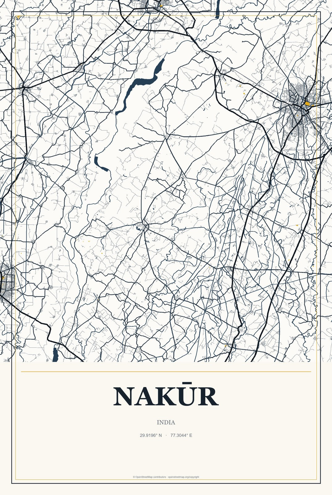 Nakūr, India City Map Aluminum Sign in Citrine Modern style