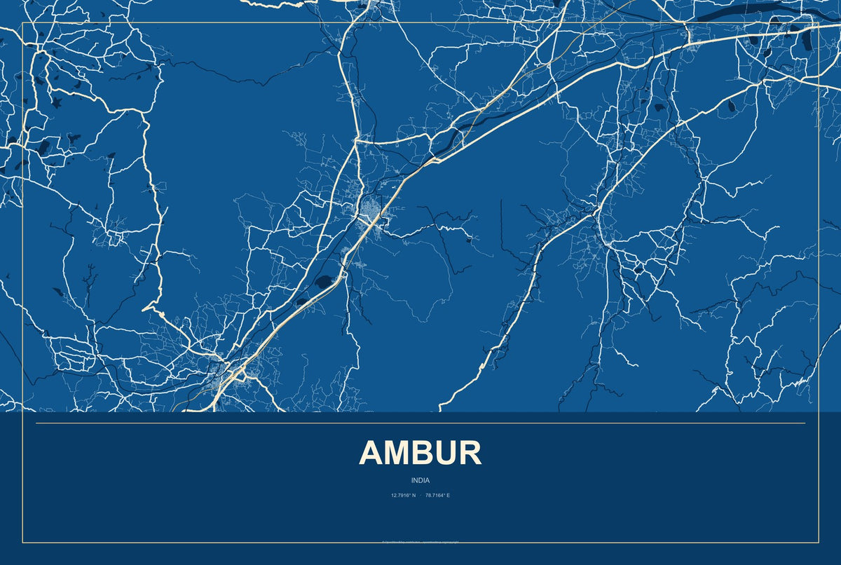 Ambur, India City Map Aluminum Sign in Harbor Cobalt style