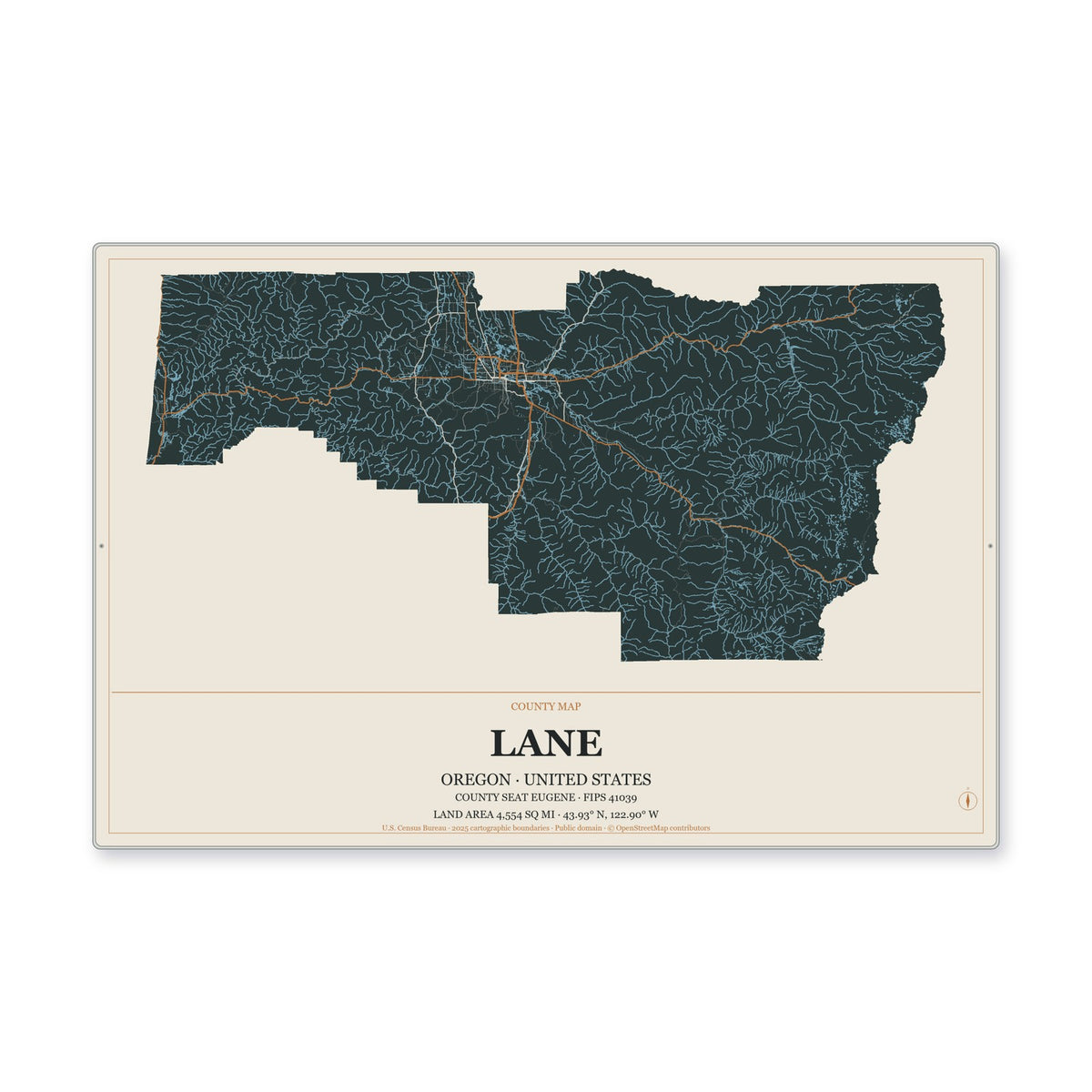 Lane County, Oregon Map Aluminum Sign in Headline Atlas style