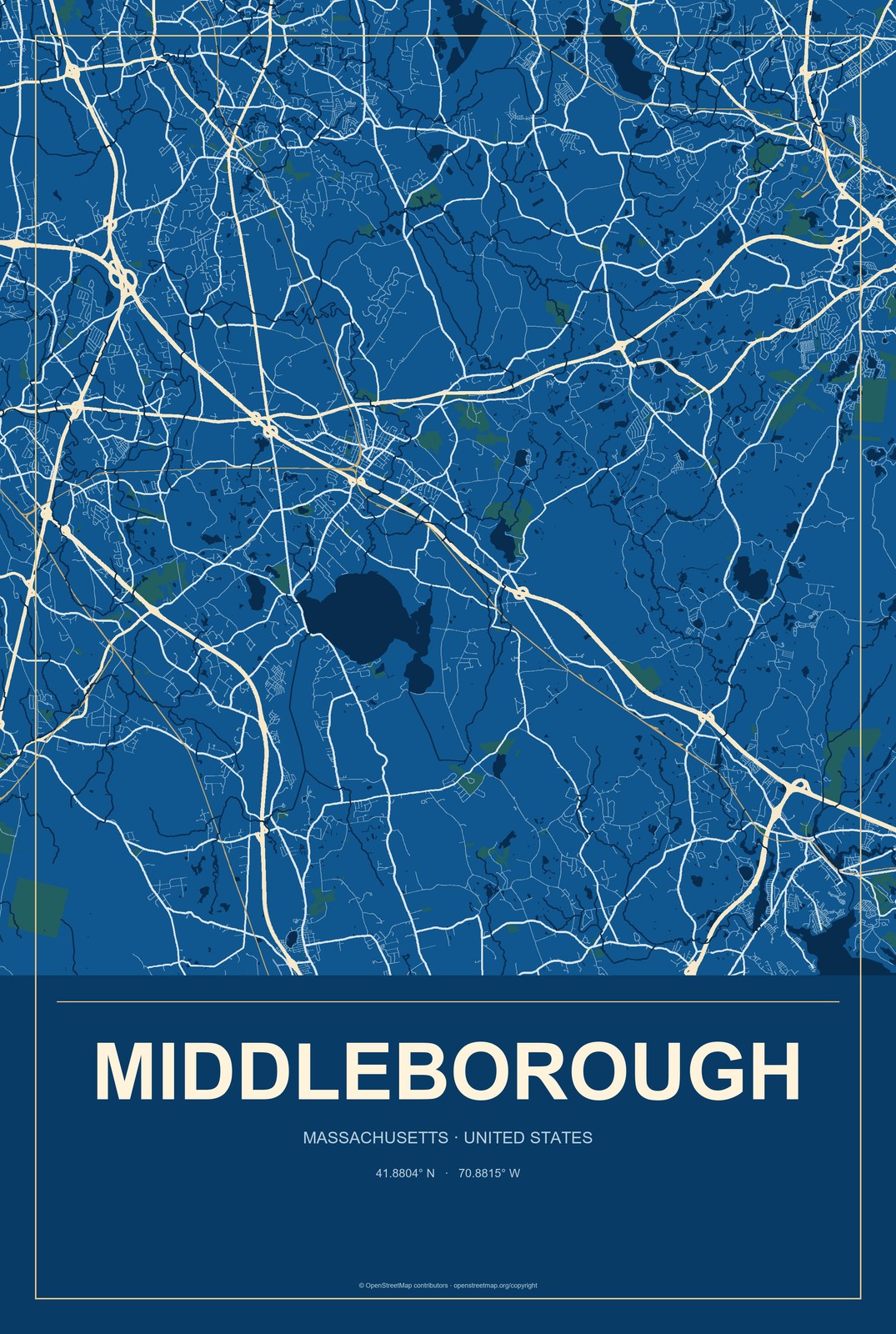 Middleborough, Massachusetts City Map Aluminum Sign in Harbor Cobalt style