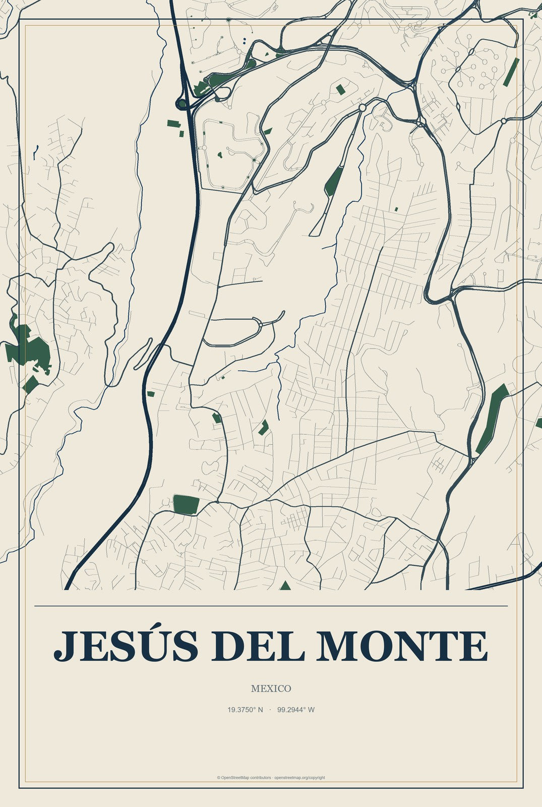Jesús del Monte, Mexico City Map Aluminum Sign in Coastal Cutout style
