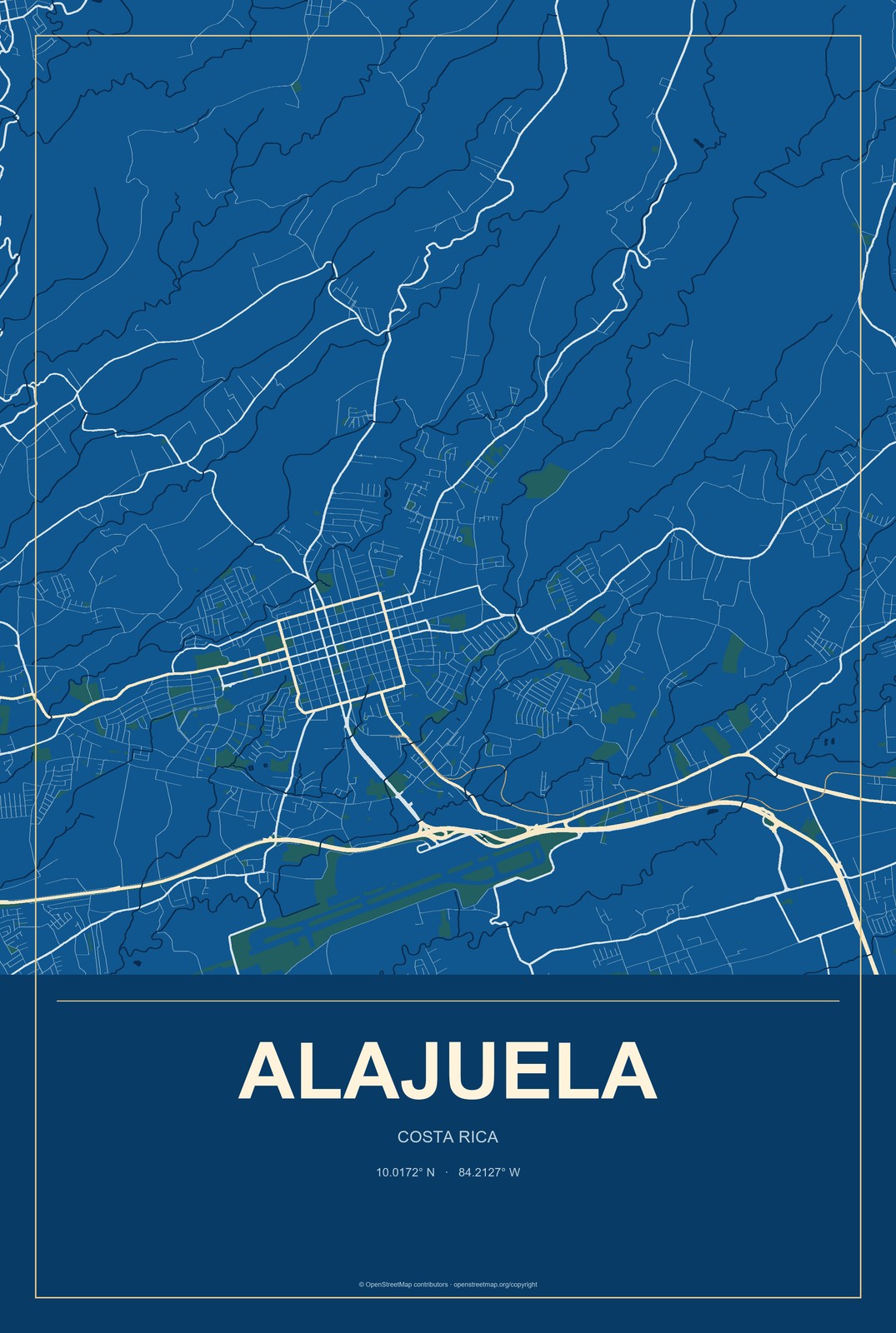 Alajuela, Costa Rica City Map Aluminum Sign in Harbor Cobalt style