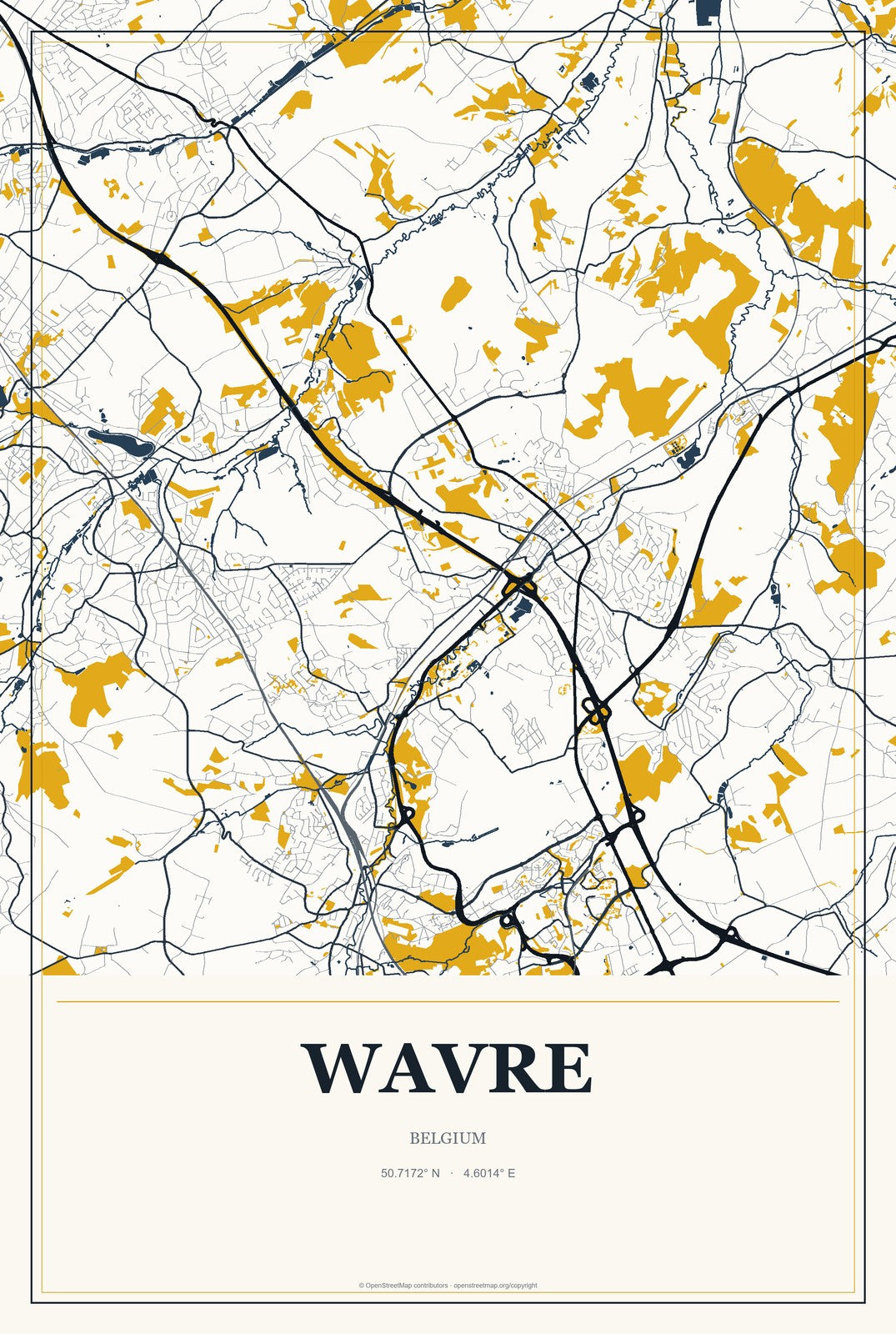 Wavre, Belgium City Map Aluminum Sign in Citrine Modern style