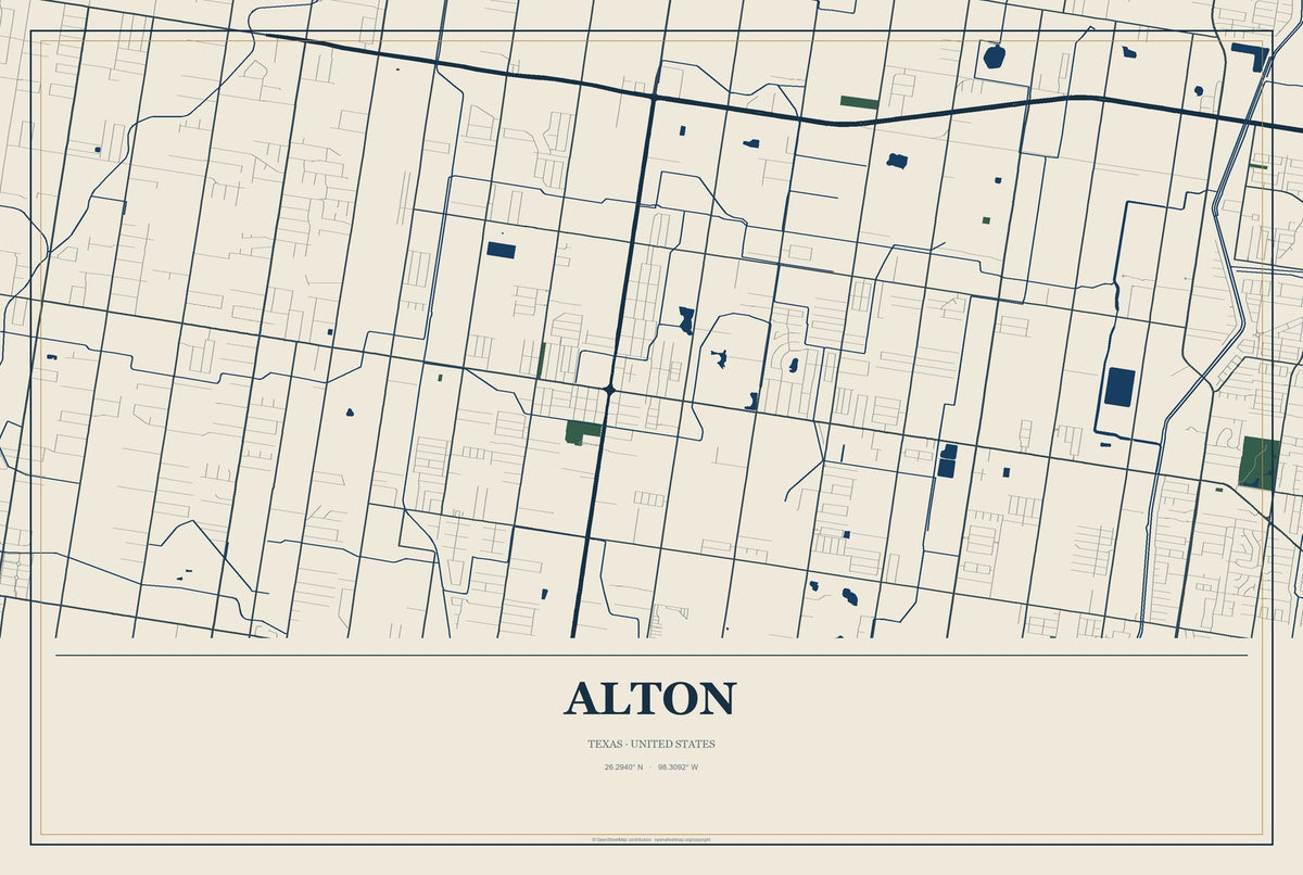 Alton, Texas City Map Aluminum Sign in Coastal Cutout style