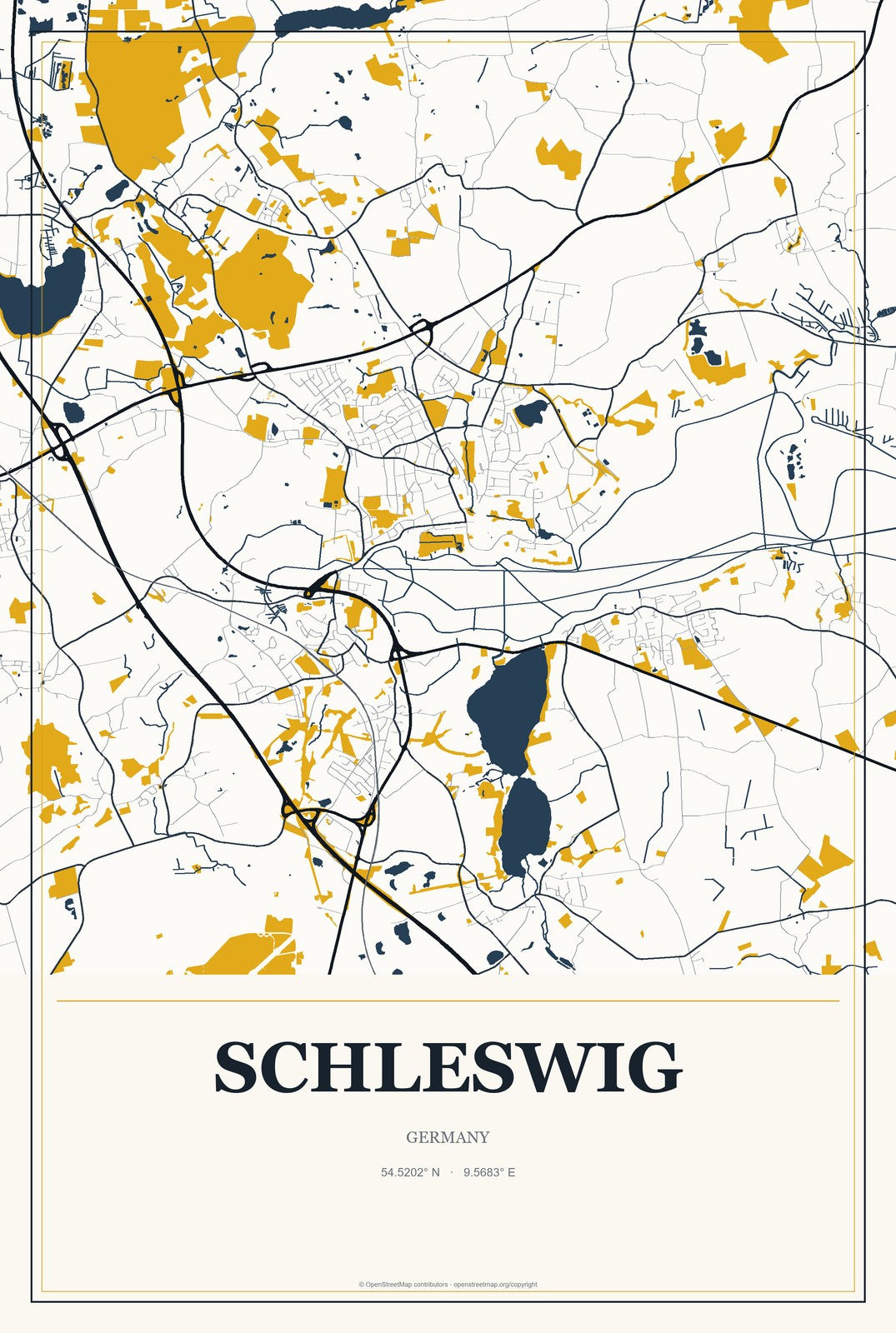 Schleswig, Germany City Map Aluminum Sign in Citrine Modern style